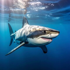 Fototapeta premium Underwater shot of a great white shark swimming gracefully, sunbeams visible above