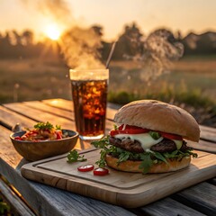 Gourmet burger and cola drink on wooden table at sunset hamburger beef patty
