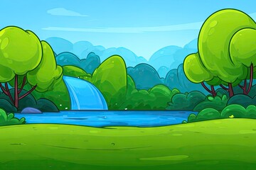 Naklejka premium A lush landscape scene with a waterfall cascading into a tranquil lake.