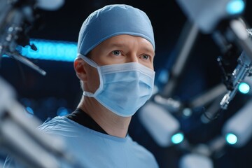 A dedicated surgeon prepares for a surgical procedure with determination in a modern, sterile operating room.