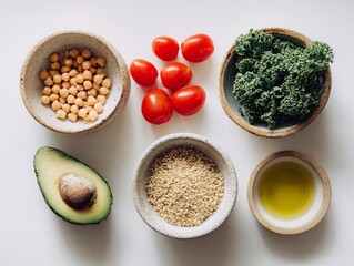Healthy food ingredients for salad preparation top view flat lay on white background for website and blog