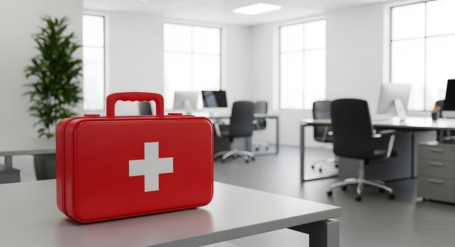 Essential first aid kit readiness in a modern office workspace, symbolizing safety and preparedness