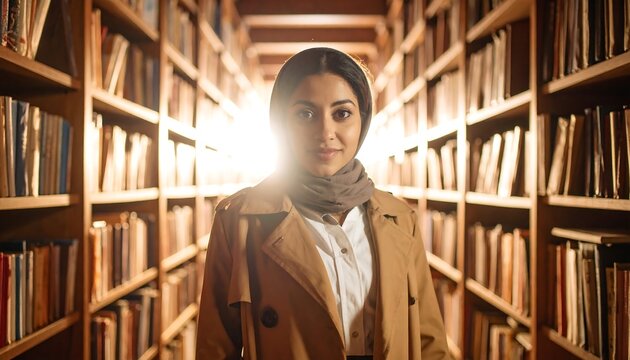 Woman in trench coat stands in library aisle, bookshelves lining either side, light behind her