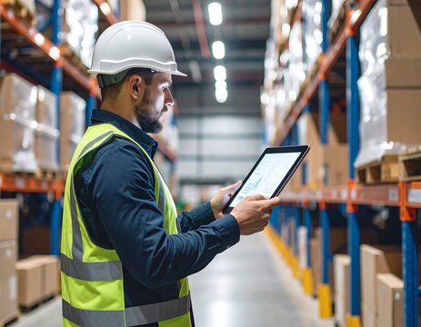 Warehouse worker reviews inventory on a tablet