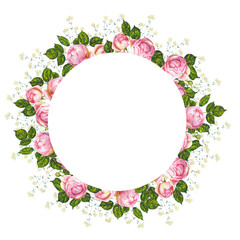 Watercolor circular frame made of pink peony roses and green leaves, ideal for wedding invitations, greeting cards, or elegant floral branding with space for text in the center.