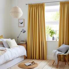 Heavy fabric curtains in modern bedroom, white walls and wooden furniture, miminal interior design