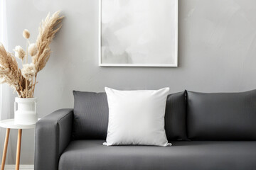 Neutral sofa with simple white throw pillow for mockup and cozy accent cushion