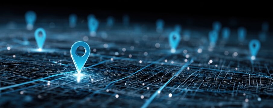A digitally rendered image showcases a network of glowing location markers overlaid on a blurred, abstract map, representing interconnected data points and global connectivity.