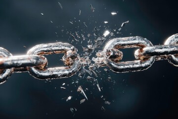 Broken metal chain with shattered links symbolizing freedom and overcoming challenges