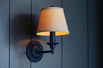 Elegant Wall Sconce lamp with Fabric Lampshade Casting Warm Light on Dark Wood Panel