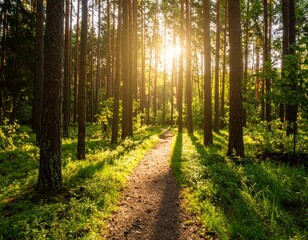 Obraz premium Summer, late afternoon, golden hour, peaceful, romantic, forest path, soft light, long shadows, nostalgic, warm.