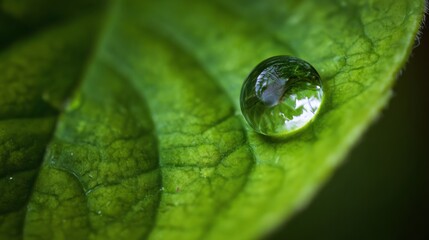 A close-up of a water droplet resting on a vibrant green leaf, reflecting the surrounding foliage in its surface, showcasing nature's intricate beauty.