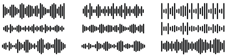 Set of sound wave icons. Music waveform design for audio player, podcast, voice recording, and equalizer visualization. Vector isolated illustration.