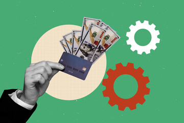 Creative composite sketch design artwork collage of hand hold credit card banknote gear mechanism...