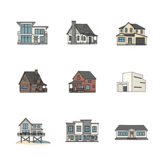 Fototapeta premium Diverse Collection of House Illustrations Showcasing Architectural Styles and Design Concepts for Real Estate, Construction, and Home Improvement Projects.