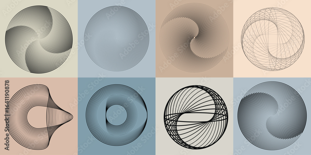 Poster Lines and spirals in Circle Form .Rotate rounded shape Vector .Rotating dots form a circle .Rotating and linear design element . Various lines forming round shape . Abstract Geometric line art
