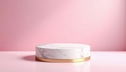 A modern product display podium featuring a circular marble platform with a gold band, set against a soft pink background.