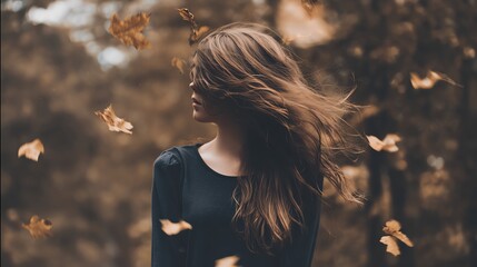A woman stands amidst swirling autumn leaves, her hair flowing in the breeze, creating a serene and picturesque scene.