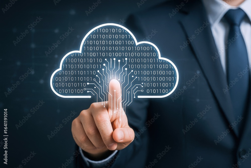 Poster cloud computing concept with man in suit touching digital interface for modern technology solutions