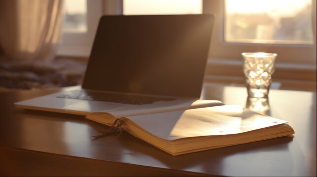 A cozy workspace featuring a laptop, an open notebook, and a glass of water, illuminated by warm sunlight streaming through a window.