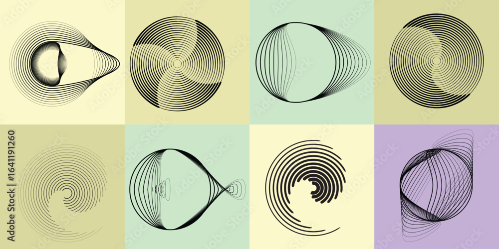 Poster lines and spirals in circle form .rotate rounded shape vector .rotating dots form a circle .rotating