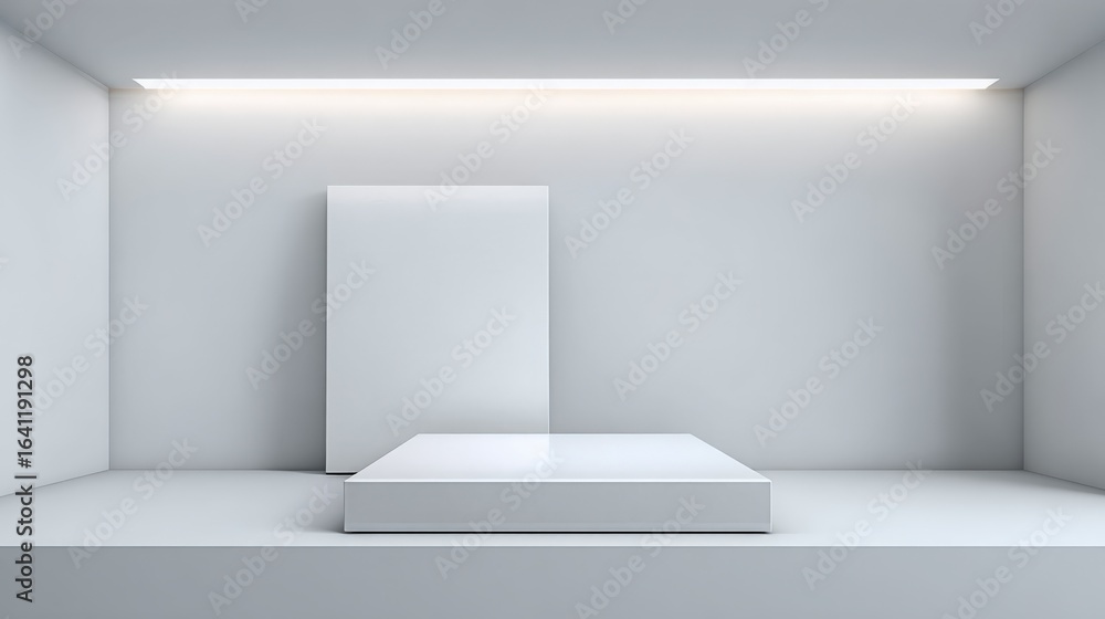 Poster minimalist white product display podium with backdrop in a bright, modern studio setting for present