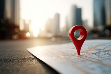 Red Pin on Map with Cityscape Background for Navigation and Location