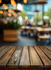 A close-up view of a rustic wooden table in the foreground, with a blurred background showcasing a cozy interior, creating a sense of warmth and inviting atmosphere.