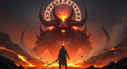 Brave warrior confronts colossal demon in fiery, rune-lit underworld landscape, epic fantasy battle awaits
