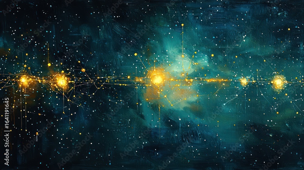 Poster abstract cosmic network with glowing nodes and connections.