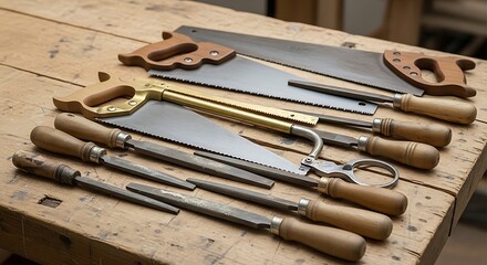 Assortment of vintage woodworking tools arranged on a rustic workbench showcasing craftsmanship