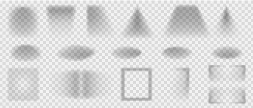 Set of transparent shadows of different shapes, Realistic vector shadow from different angles and positions, Vector set of falling light reflection frame.