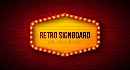 Retro Signboard Lightbox Banner Design with Glowing Light Bulb Frame Billboard on Vintage Brick Wall Background. Vector Customizable Marquee Sign Illustration for Casino Advertising, Theater Show