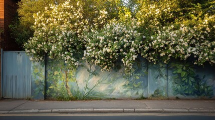 Naklejka premium A vibrant mural of lush greenery and white flowers blends seamlessly with the natural foliage above, creating a serene urban landscape.