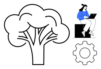 Female figure with laptop sitting on a block alongside a stylized tree and gear shape. Ideal for technology, environment, productivity, innovation, education, growth, balance themes. Simple flat