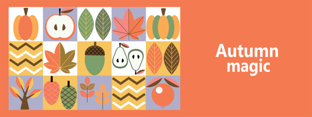 Autumn Vibes Geometric Fall Harvest Collage. Banners with autumn elements in minimalist style. Autumn poster design.