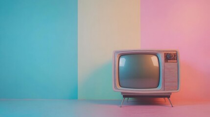 Vintage television set with retro aesthetic against vibrant, pastel background for nostalgia