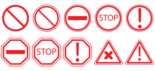 Danger and restriction sign set. Red warning and prohibition symbols for safety, alert, and caution purposes.
