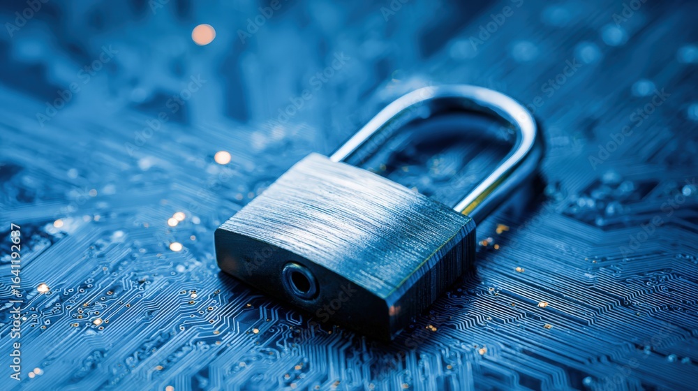 Poster padlock on circuit board illustrating cybersecurity, data protection, and secure network communicati