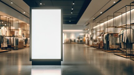 Illuminated Blank Billboard Mockup in Modern Clothing Store, Ideal for Advertising and Marketing Campaigns