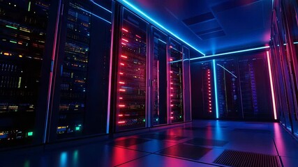 Server room blinking with neon lights in data center - Powered by Adobe