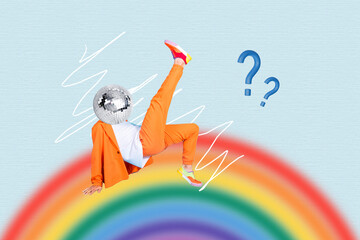 Image full art 3d pop trend collage of anonym old man instead head disco ball dance colorful rainbow question mark nightclub