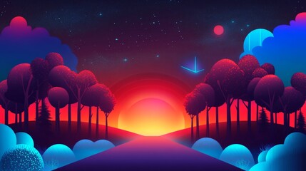 Stunning stylized sunset over a vibrant forest with a road leading into the horizon