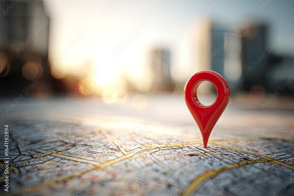 Poster red location pin on a map with city skyline in background