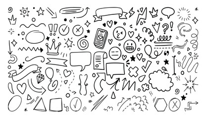 Scribble doodle underline emphasis line shape set. Hand drawn brush stroke highlight speech bubble cloud sparkle arrow element in childish drawing style. Simple vector illustrations. Editable stroke.