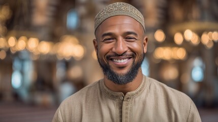 Fototapeta premium Joyful african muslim man standing inside mosque bokeh portrait image. Smiling black male kufi hat and beige clothing photography human. Ramadan islamic culture concept photo-realistic