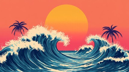 Stunning ocean waves crashing at sunset with palm trees, perfect for summer travel designs