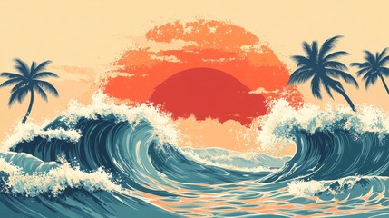 Stunning sunset over ocean waves with palm trees creating a relaxing tropical paradise scene