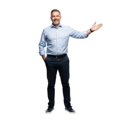 Smiling businessman with hand extended presenting something isolated on transparent background