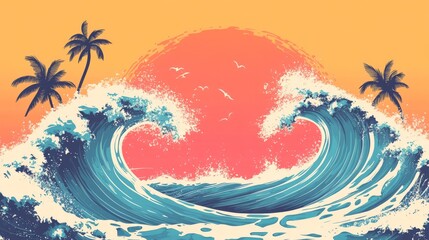Vibrant ocean waves with palm trees and sunset sky for tropical vacation vibes and travel